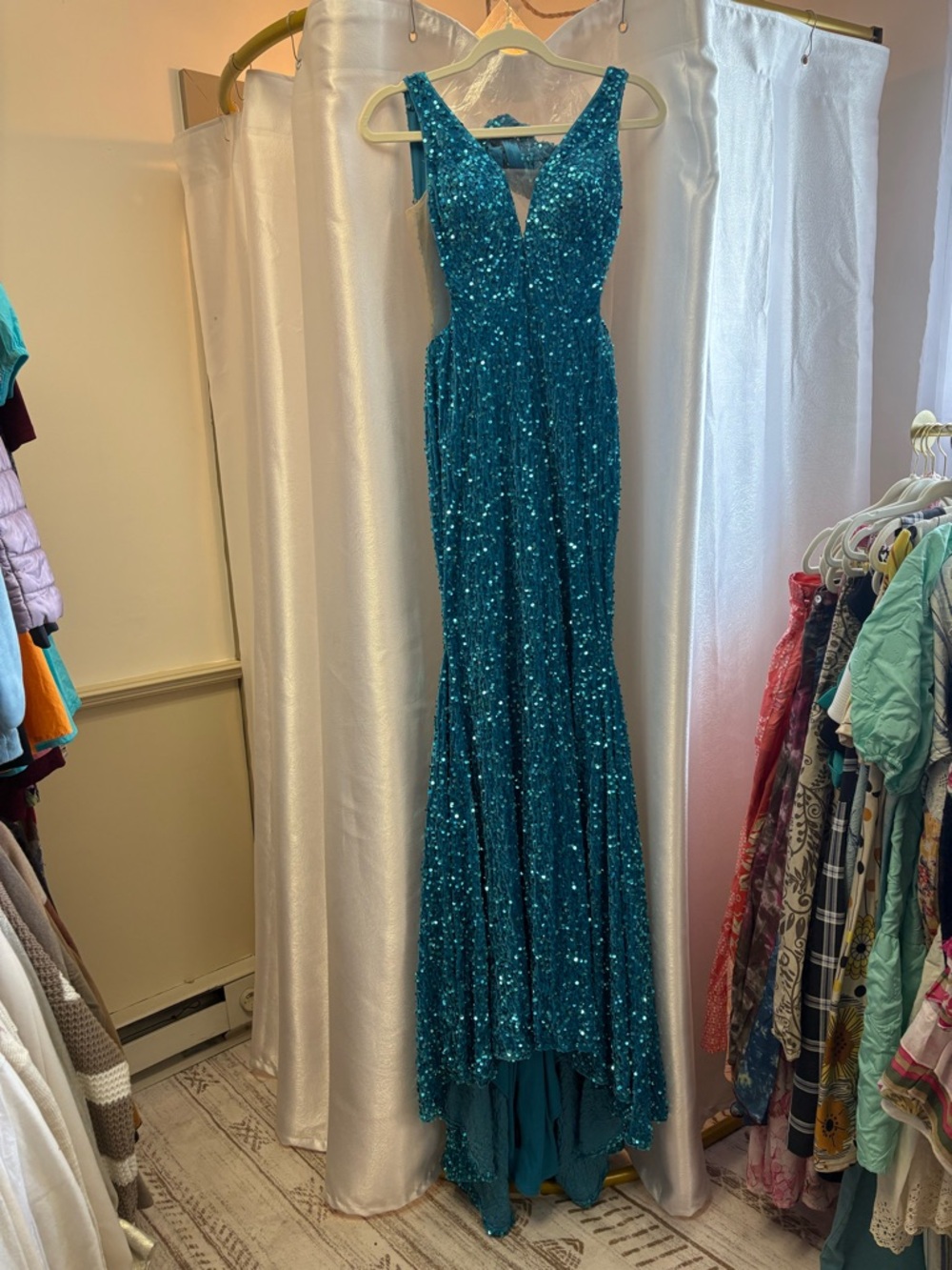 Alyce Paris Long Blue Sequin Formal Prom Dress with Train